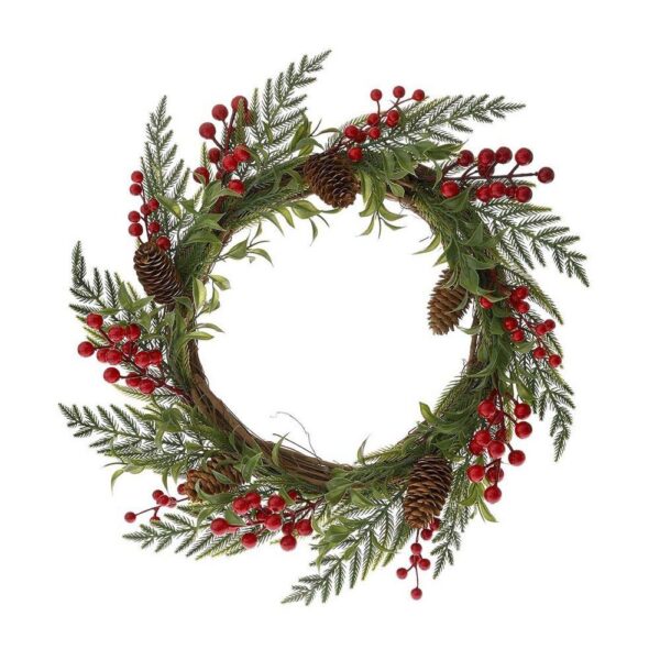 Χριστουγεννιάτικο Διακοσμητικό Στεφάνι Ξύλινο Με Φύλλα Και Berries D42 cm
