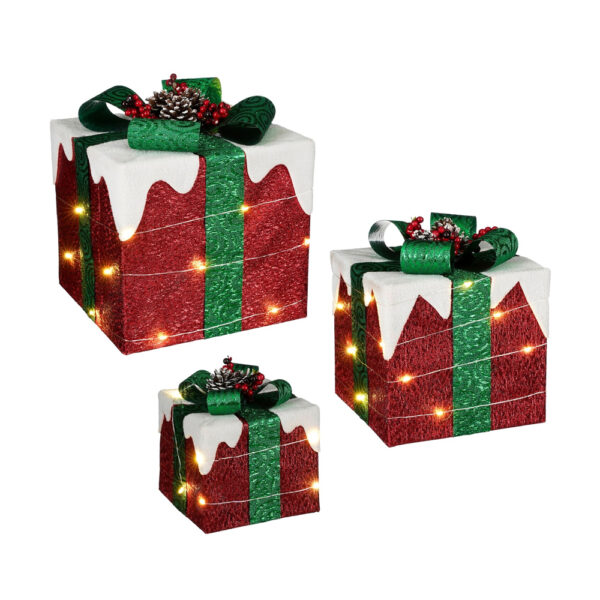 Χριστουγεννιάτικα Διακοσμητικά Δώρα Σετ 3 Τεμαχίων Με Μπαταρίες Και Led L25xW25xH30 cm Κόκκινα Με Πράσινο Φιόγκο