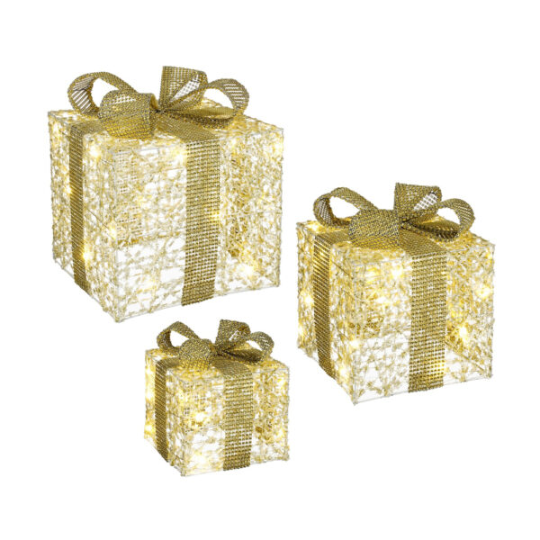 Χριστουγεννιάτικα Διακοσμητικά Δώρα Σετ 3 Τεμαχίων Με Μπαταρίες Και Led L25xW25xH30 cm Χρυσά Με Χρυσό Φιόγκο