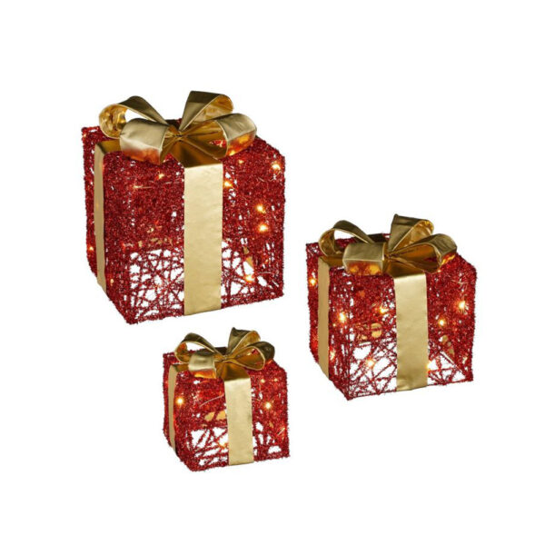 Χριστουγεννιάτικα Διακοσμητικά Δώρα Σετ 3 Τεμαχίων Με Led Φωτάκια Και Χρυσό Φιόγκο H30xW25xL25 cm Κόκκινο