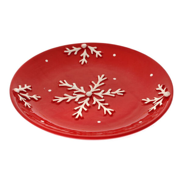Χριστουγεννιάτικο Διακοσμητικό Πιάτο Κεραμικό με Ανάγλυφες Λευκές Χιονονιφάδες 20x20x2 cm Κόκκινο - 81575