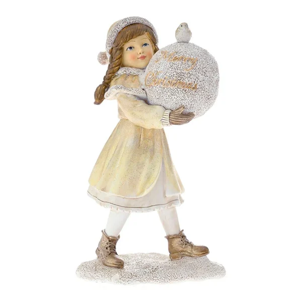 Χριστουγεννιάτικη Διακοσμητική Φιγούρα Κοριτσάκι με Χριστουγεννιάτικη Μπάλα 11x8x19 cm Μπεζ-Χρυσό - 81874