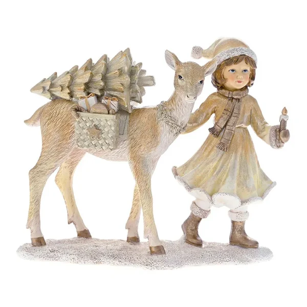 Χριστουγεννιάτικη Διακοσμητική Φιγούρα Κοριτσάκι με Ελάφι 22x10x19 cm Μπεζ-Χρυσό - 81877