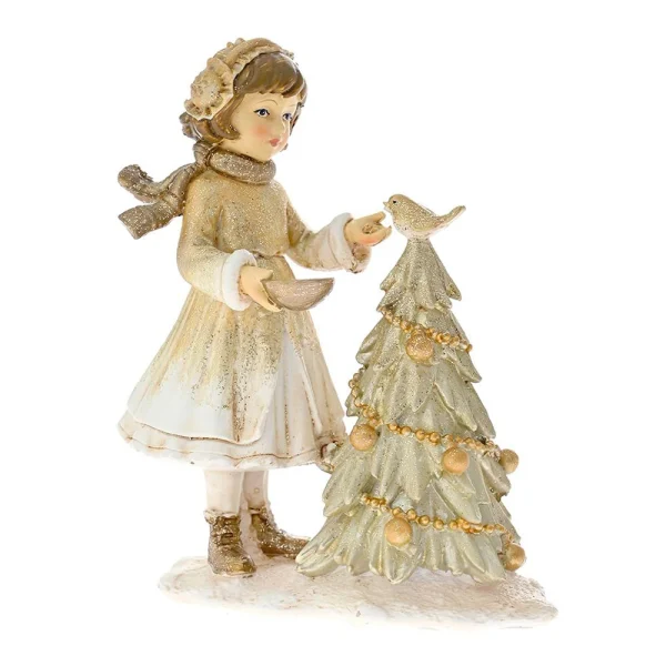 Χριστουγεννιάτικη Διακοσμητική Φιγούρα Κοριτσάκι με Δένδρο 10x5x12 cm Μπεζ-Χρυσό - 81880