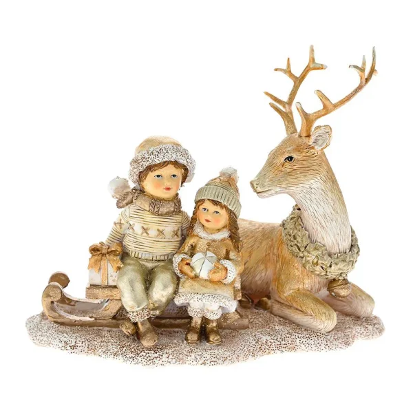 Χριστουγεννιάτικη Διακοσμητική Φιγούρα Παιδάκια σε Έλκυθρο και Ελάφι 17x11x14 cm - 81883