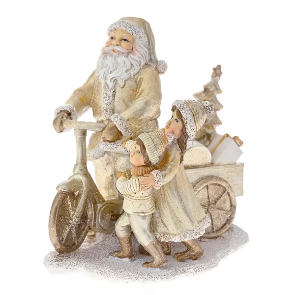Χριστουγεννιάτικη Διακοσμητική Φιγούρα Άι Βασίλης σε Ποδήλατο και Παιδάκια 15x11x15 cm Μπεζ-Χρυσό - 81895