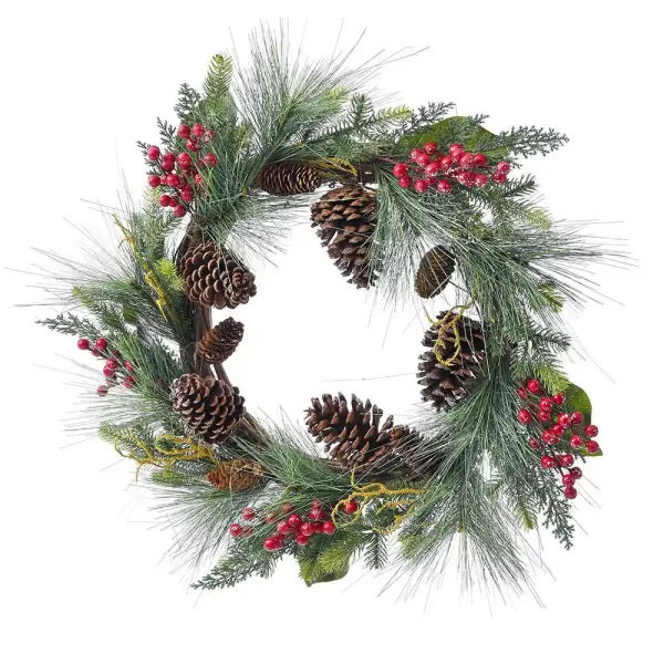 Χριστουγεννιάτικο Διακοσμητικό Στεφάνι Με Κόκκινα Berries/Κουκουνάρια Πράσινο 50 cm - 82407