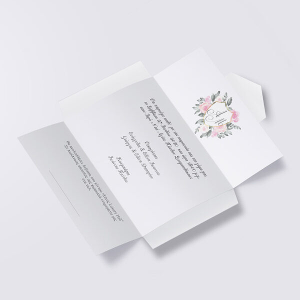 Προσκλητήριο Γάμου Φάκελος Αναδιπλούμενος - Θέμα Τριαντάφυλλα Ροζ Σε Γραμμικό Χρυσό Περίγραμμα