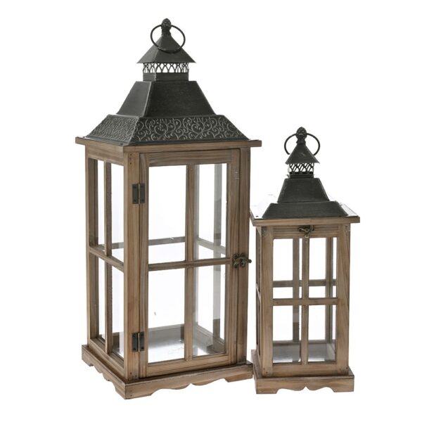 Σετ 2 Καφε Ξυλινο Φαναρι 25X25X67 17X17X47Ek