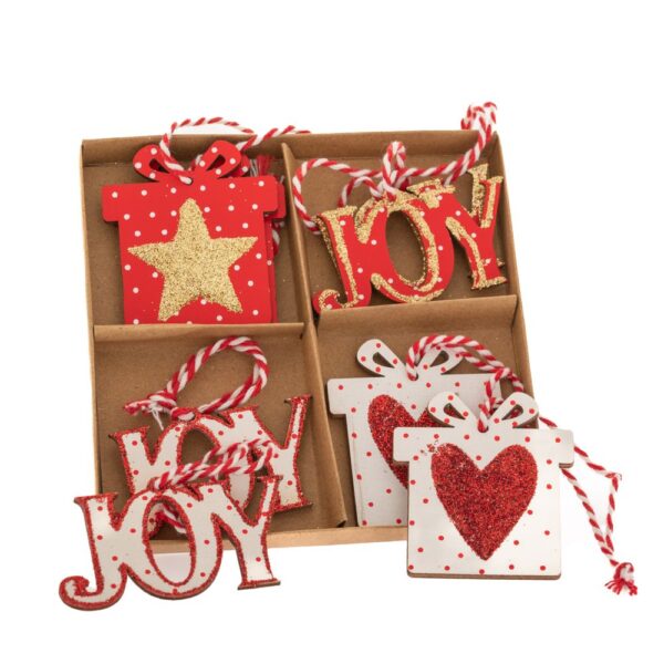 Σετ 8 Ξυλινα Κρεμαστα Στολιδια Joy Gift Σε Κουτι 12Χ12Εκ