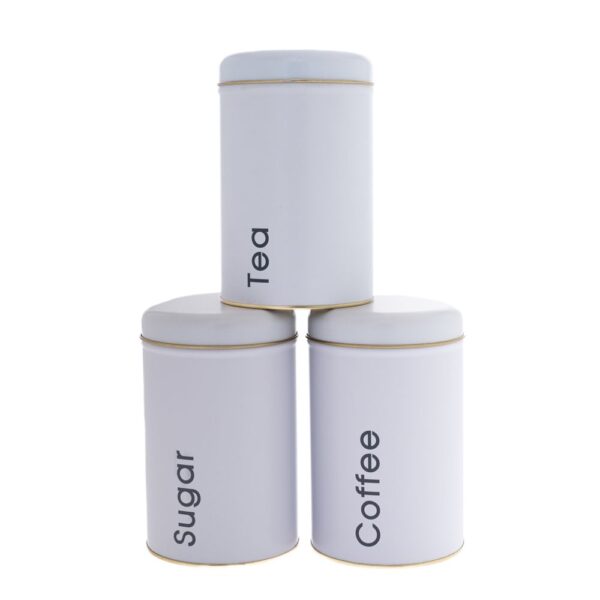 Σετ 3 Λευκα Μεταλλικα Στρογγυλα Κουτια Coffee Sugar Tea 10X16Ek