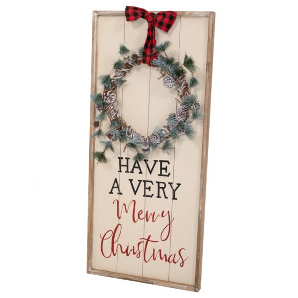 Ξυλινη Λευκη Πινακιδα Με Στεφανι 46Χ100Εκ Have A Very Merry Christmas