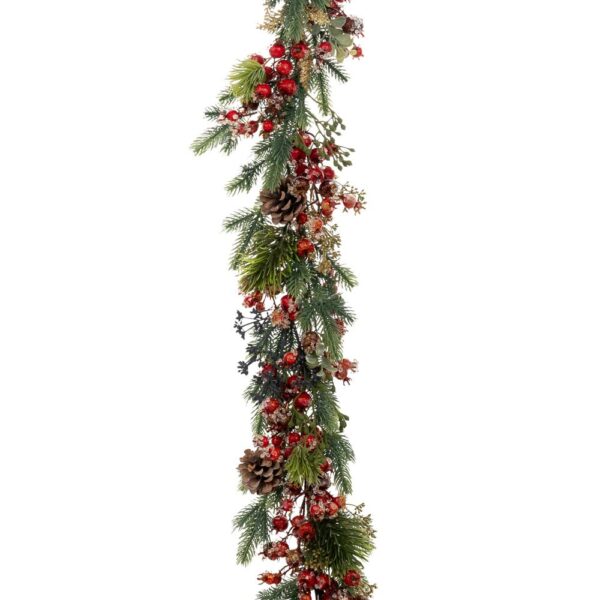 Παγωμενη Πρασινη Γιρλαντα Με Κοκκινα Berries Και  Κουκουναρια 180Εκ