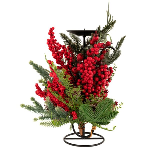Πρασινο Κηροπηγιο Με  Κοκκινα Berries  Κουκουναρια 33Εκ