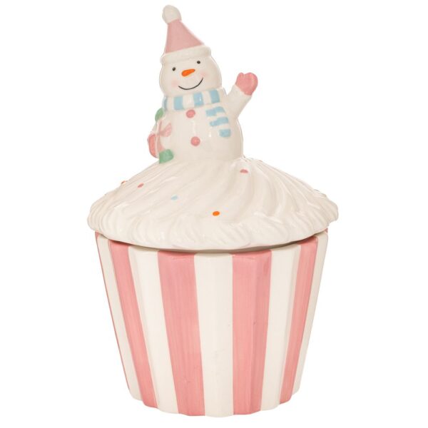 Ροζ  Λευκη Κεραμικη Μπισκοτιερα Cupcake Με Χιονανθρωπο 18Χ18Χ28,5Εκ
